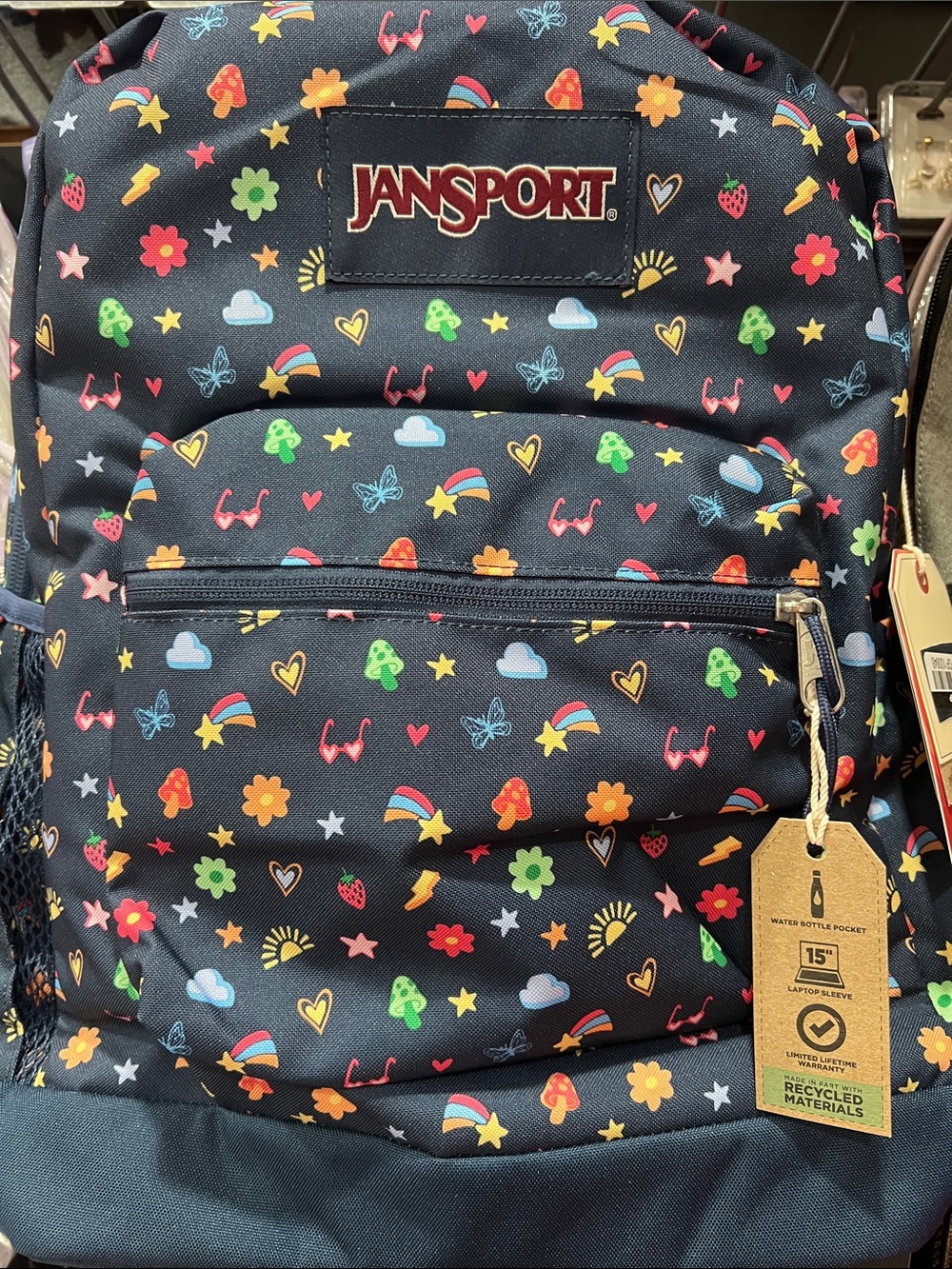 Jansport Navy Backpack with Multicolor Rainbow & Icon Print